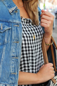 Gingham Dress Detail Worn With Denim Jacket And Delicate Gold Jewellery | Monica Beatrice Welburn | The Elgin Avenue Blog
