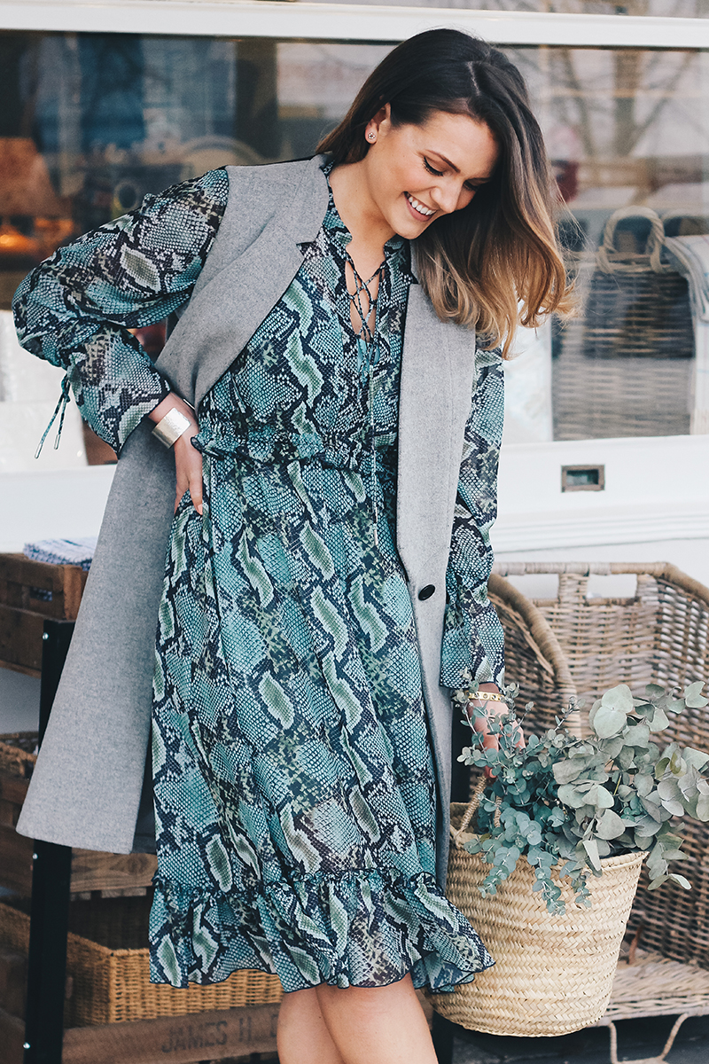 Blue Printed Dress + Grey Sleeveless Jacket Outfit | Monica Beatrice Welburn | The Elgin Avenue Blog