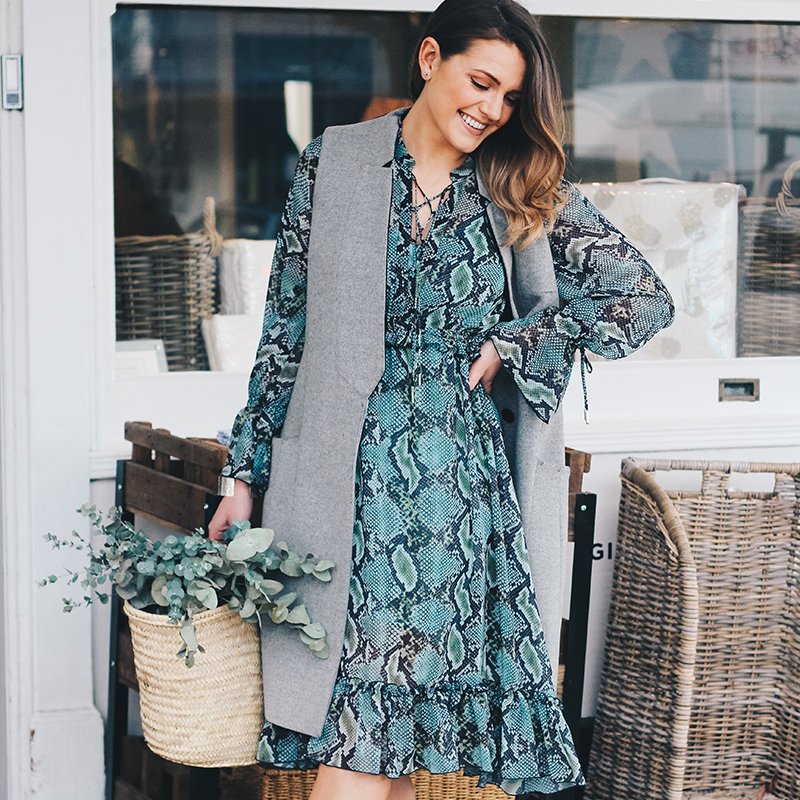 Blue Printed Dress + Grey Sleeveless Jacket Outfit | Monica Beatrice Welburn | The Elgin Avenue Blog