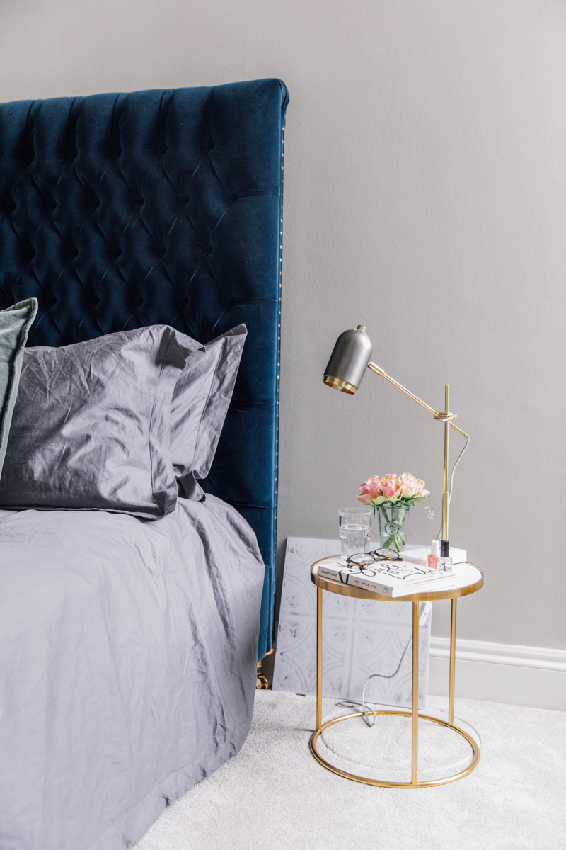 Grey Bedroom With Navy Velvet Bed | The Elgin Avenue Home Tour