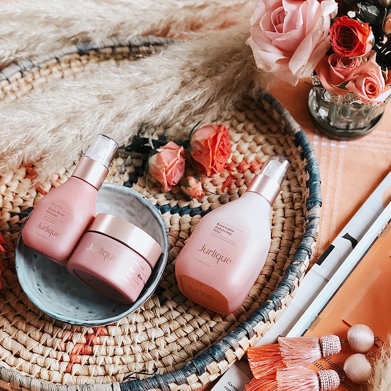 Jurlique skincare products on a pretty rattan tray | The Elgin Avenue Blog
