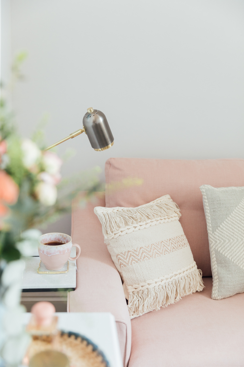 Layered Cushions on Blush Pink Sofa | The Elgin Avenue Blog