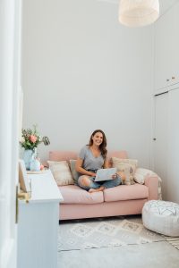 Blush Pink Sofa in Home Office | The Elgin Avenue Blog